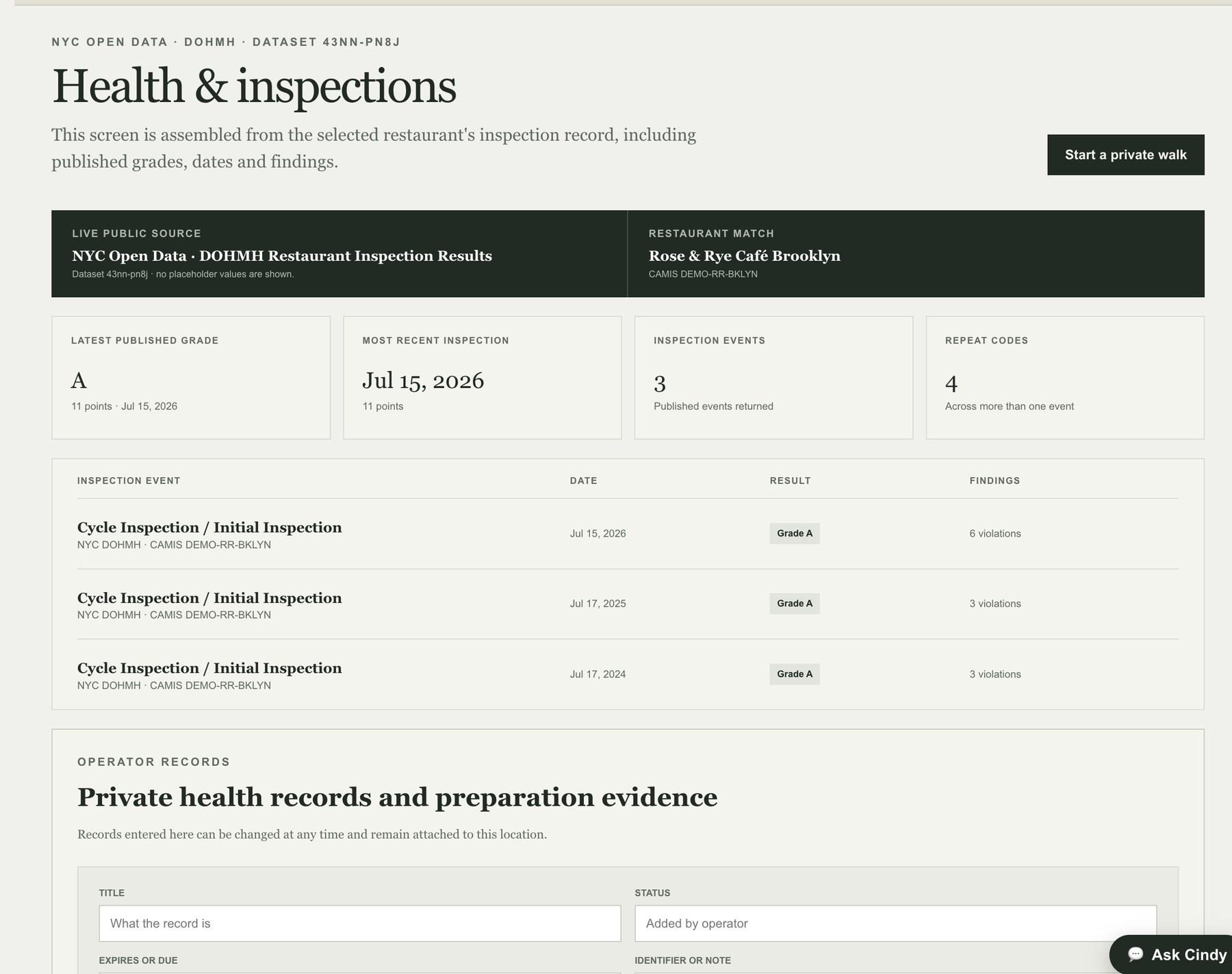 Health & inspections screen in Compliant Park